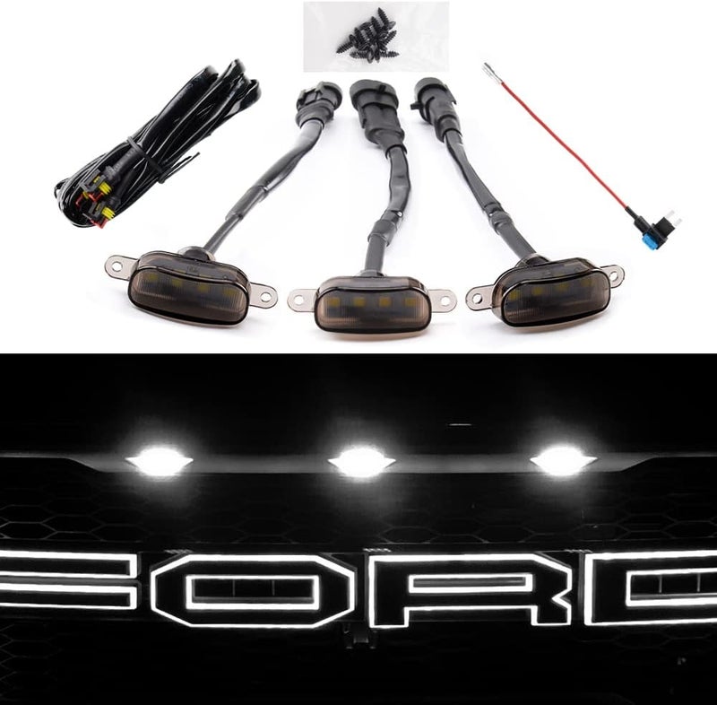AUXLIGHT Car Accessories, 3PCS LED Grille Lights with Fuse & Wire, Compatible 2004-2019 for-d F150 Raptor Style Aftermarket Grill, 2013-2018 R-am 1500 Grill (White) - Image 1